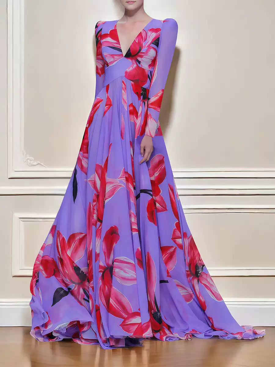 PURPLE FLORAL MAXI DRESS WITH LONG SLEEVES AND V NECK