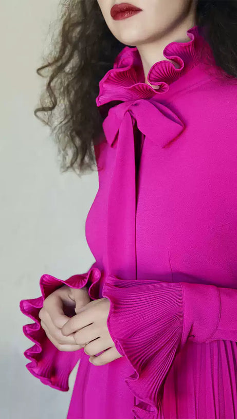 ELEGANT LONG SLEEVE BOW NECKLINE PLEATED MAXI DRESS