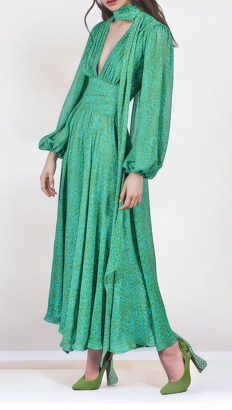 TEAL LEOPARD PRINT CHIFFON MAXI DRESS WITH TIE NECKLINE