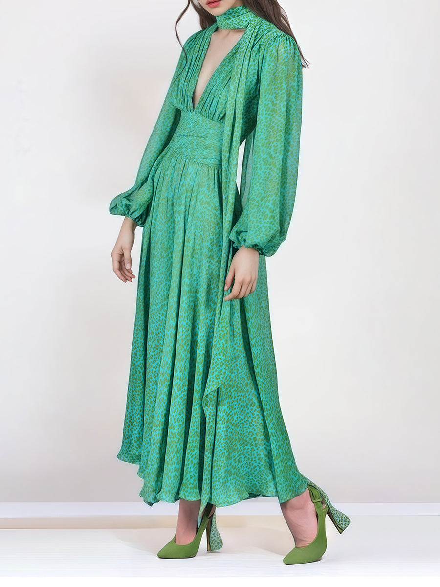 TEAL LEOPARD PRINT CHIFFON MAXI DRESS WITH TIE NECKLINE