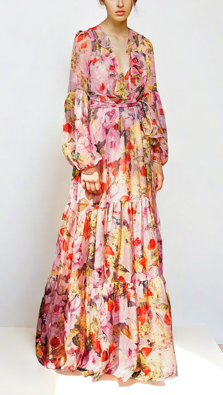 YELLOW FLORAL PRINT RUFFLE V - NECK MAXI DRESS WITH BELT