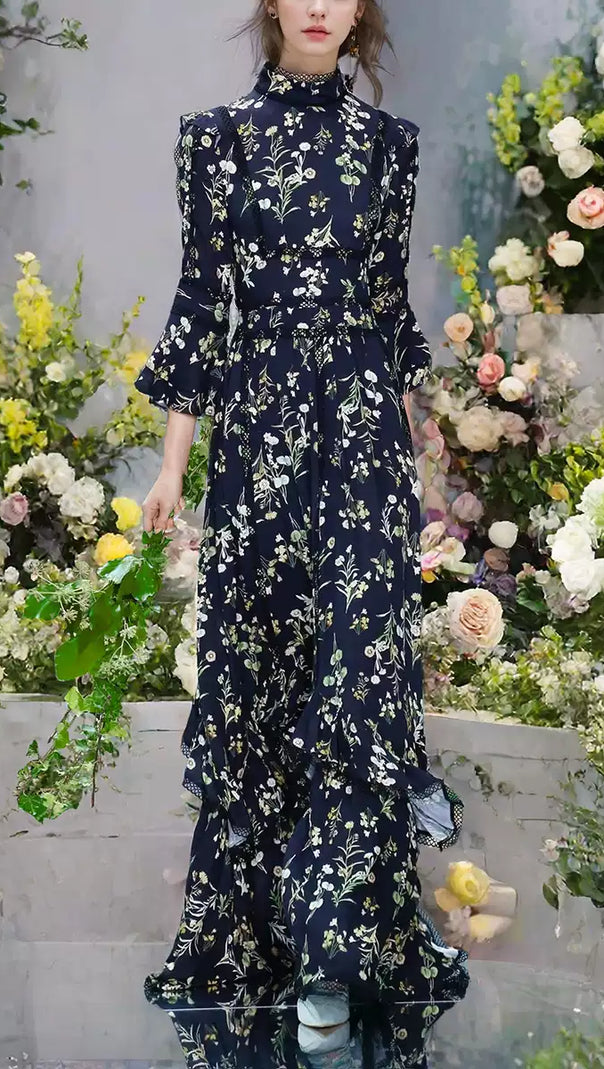 AIIZIE DARK BLUE FLORAL STAND - COLLAR LONG - SLEEVE MAXI DRESS - product image