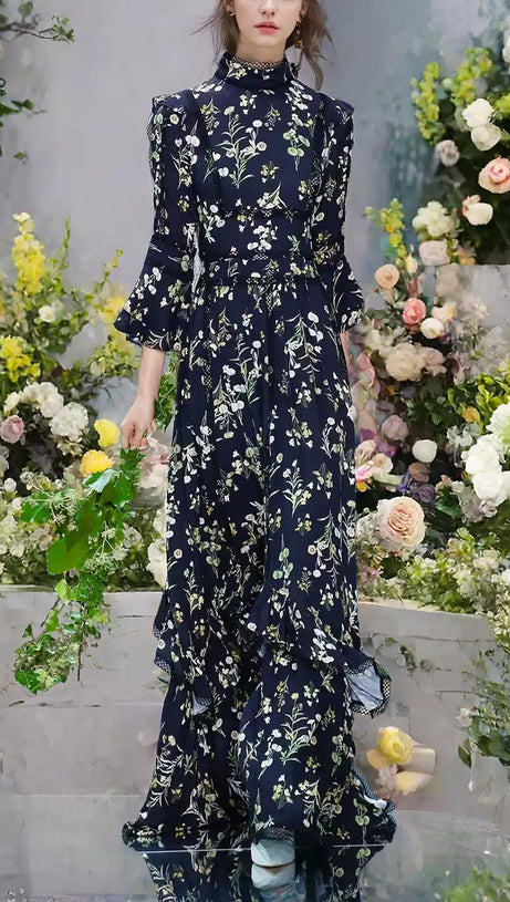 DARK BLUE FLORAL STAND - COLLAR LONG - SLEEVE MAXI DRESS