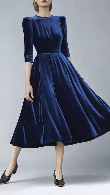 NAVY BLUE VELVET MIDI DRESS WITH PUFF SLEEVES