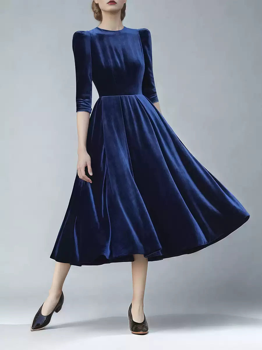 NAVY BLUE VELVET MIDI DRESS WITH PUFF SLEEVES
