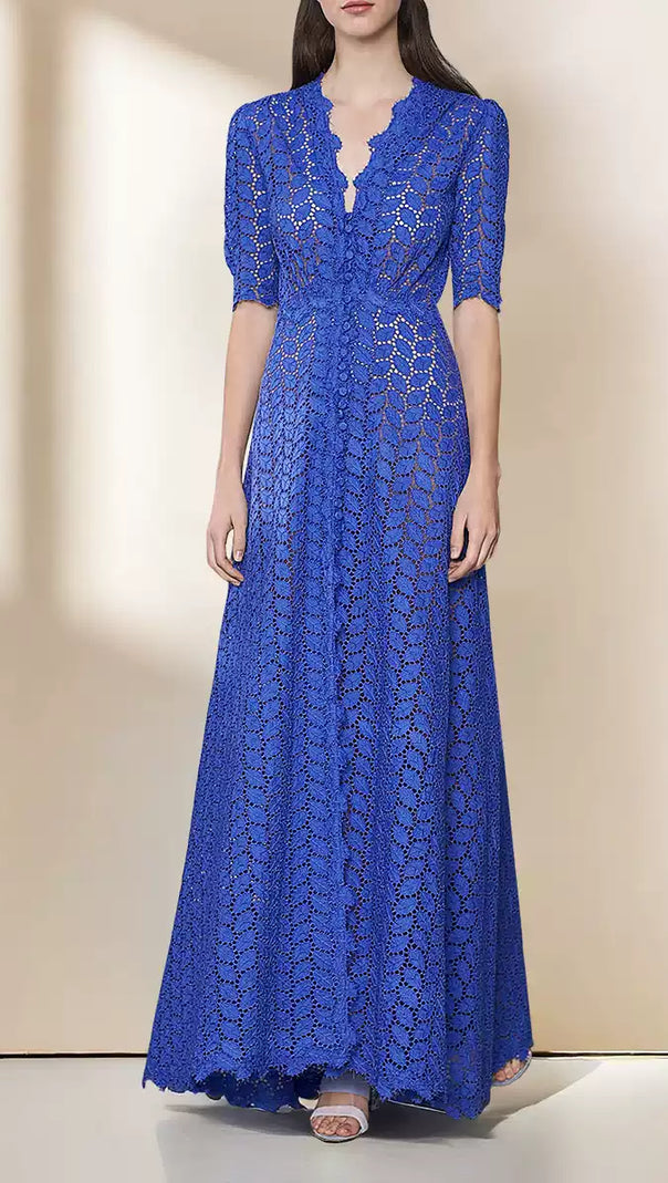 AIIZIE ELEGANT BLUE LACE MIDI DRESS WITH BUTTON FRONT - product image