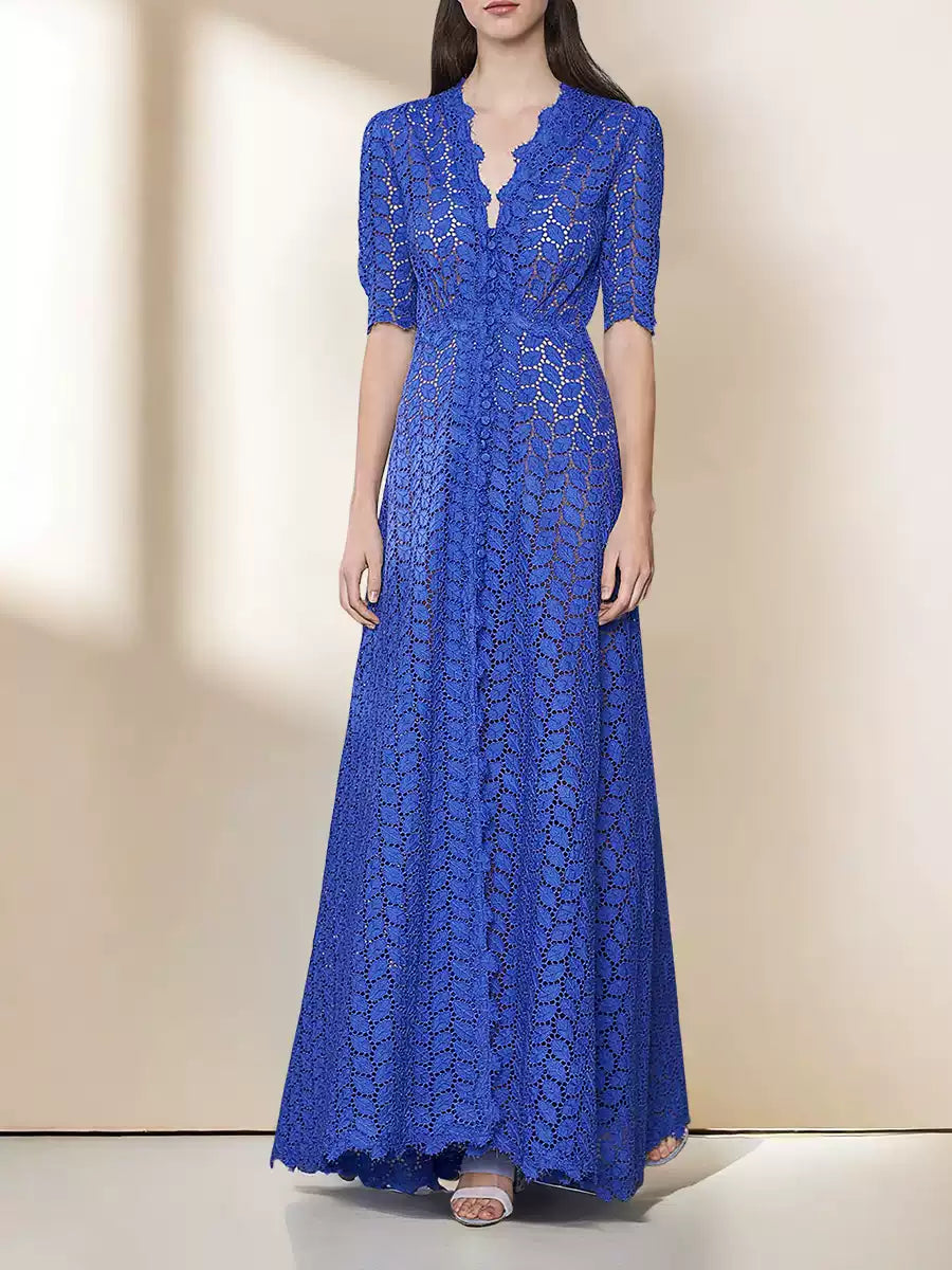 ELEGANT BLUE LACE MIDI DRESS WITH BUTTON FRONT