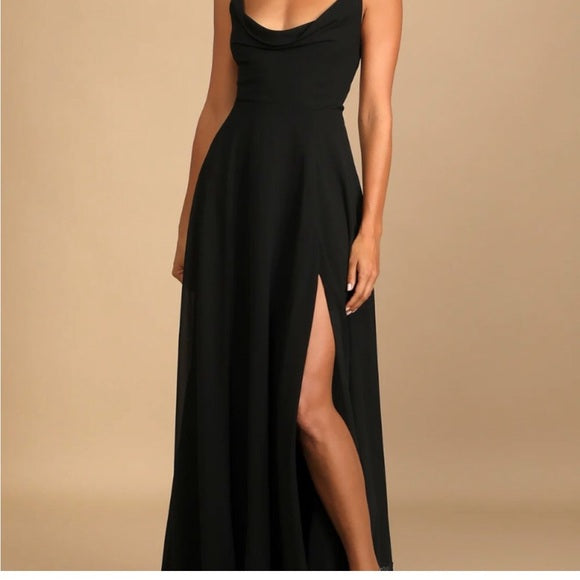 BLACK COWL LACE-UP MAXI DRESS