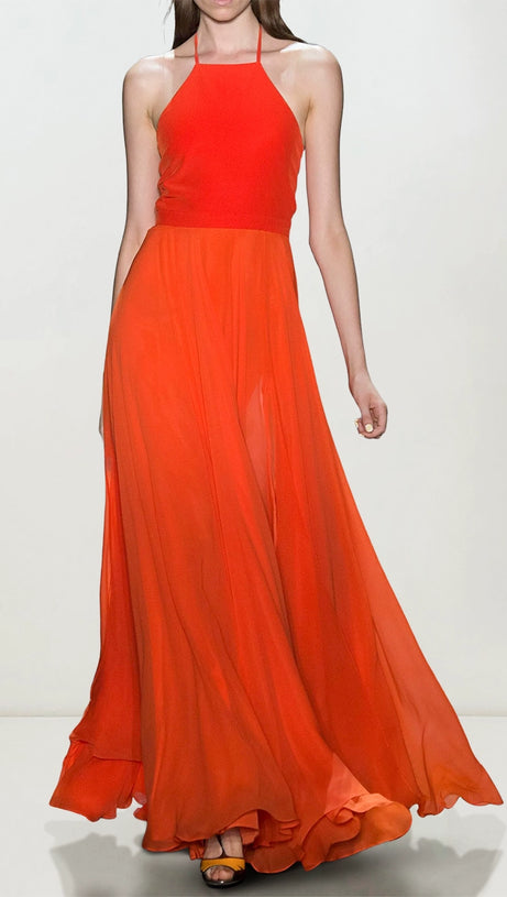 RED HALTER NECK CHIFFON MAXI DRESS