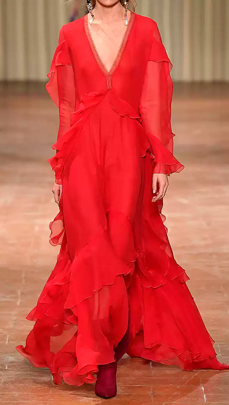 RED CHIFFON LONG WITH LACE RUFFLE SLEEVES  MAXI DRESS