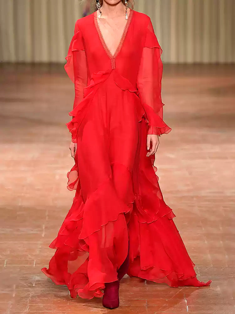 Rotes, langes Maxikleid aus Chiffon mit Spitzenrüschenärmeln 