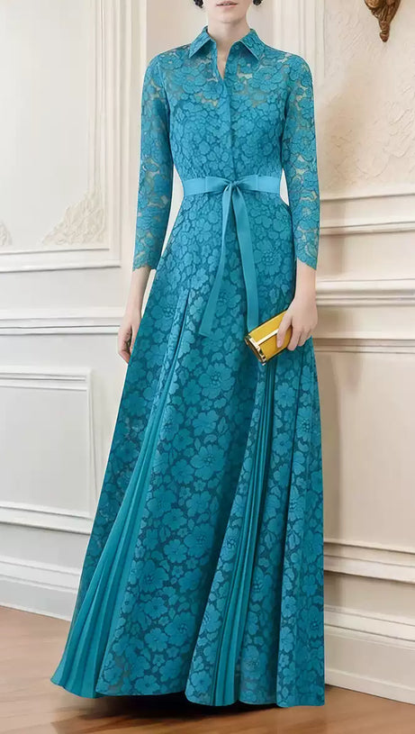 ABITO LUNGO IN PIZZO OTTANIO CON CINTURA E COLLETTO