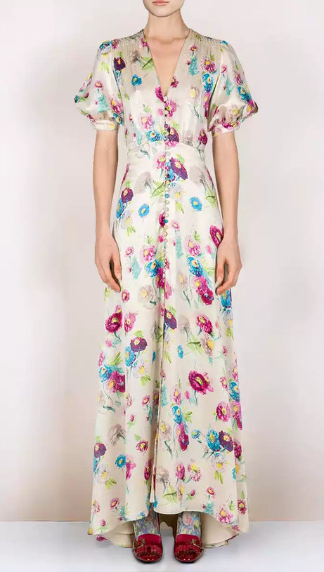 FLORAL PRINT V - NECK MAXI DRESS WITH PUFF SLEEVES