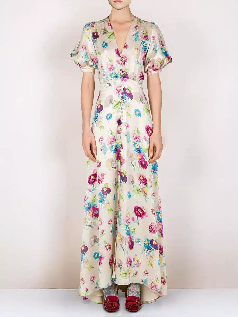 FLORAL PRINT V - NECK MAXI DRESS WITH PUFF SLEEVES