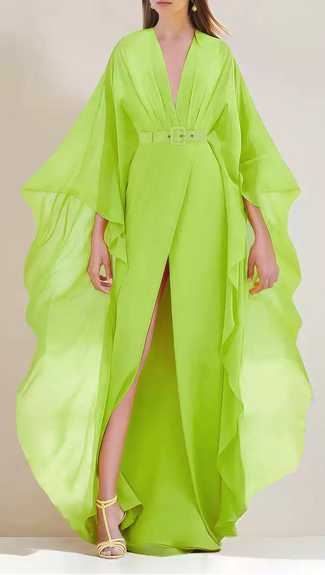 NEON GREEN CHIFFON MAXI DRESS WITH CAPE SLEEVES AND PLUNGE NECKLINE