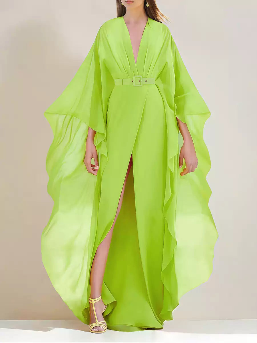 NEON GREEN CHIFFON MAXI DRESS WITH CAPE SLEEVES AND PLUNGE NECKLINE
