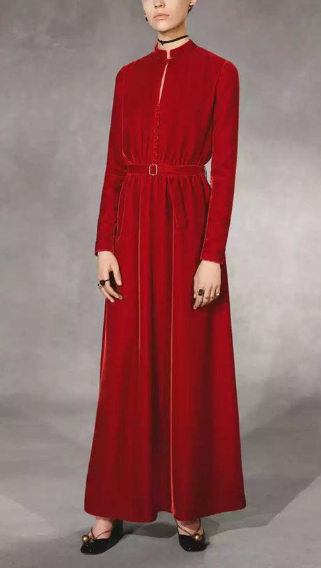 RED VELVET MOCK NECK MAXI DRESS WITH BELT