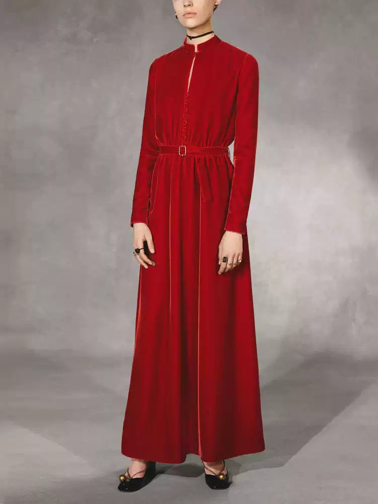 RED VELVET MOCK NECK MAXI DRESS WITH BELT
