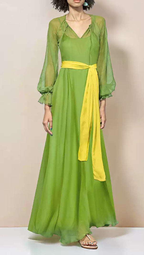 AIIZIE GREEN CHIFFON MAXI DRESS WITH YELLOW BELT AND SHEER SLEEVES - product image