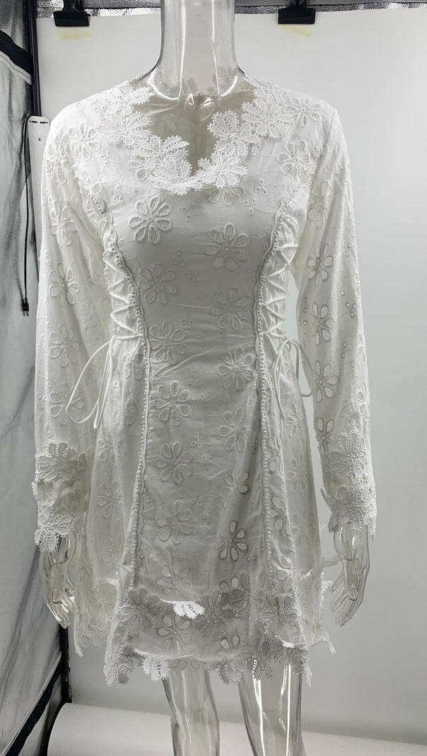AIIZIE WHITE LACE V - NECK BELL - SLEEVE MINI DRESS FOR FALL - product image