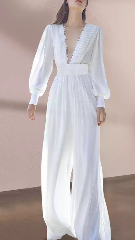 WHITE MAXI JUMPSUIT WITH LONG SHEER SLEEVES AND HIGH NECK