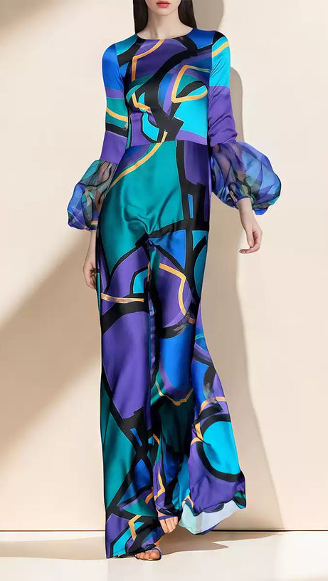 ELEGANT ABSTRACT - PRINTED MAXI DRESS WITH SHEER SLEEVE DETAILS
