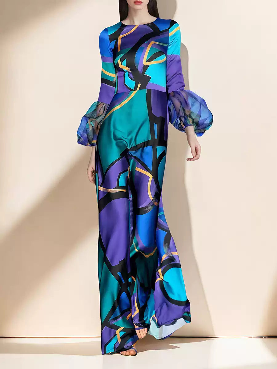 ELEGANT ABSTRACT - PRINTED MAXI DRESS WITH SHEER SLEEVE DETAILS