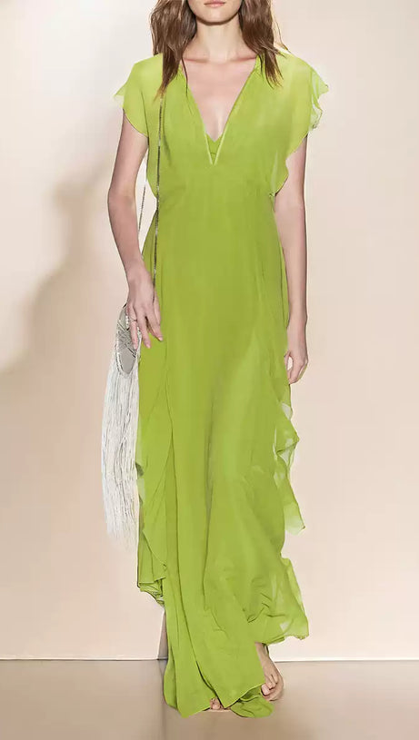 ELEGANT LIME GREEN CHIFFON MAXI DRESS WITH LAYERED DETAILS