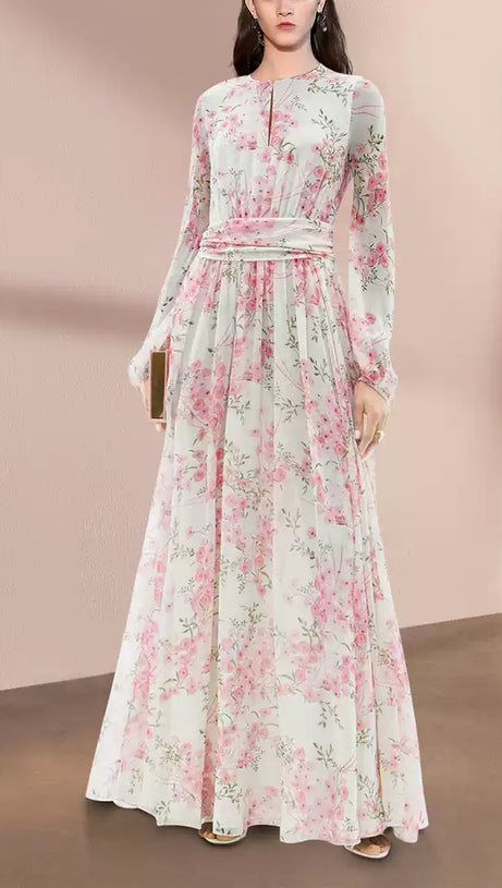 PINK FLORAL CHIFFON MAXI DRESS WITH LONG SLEEVES