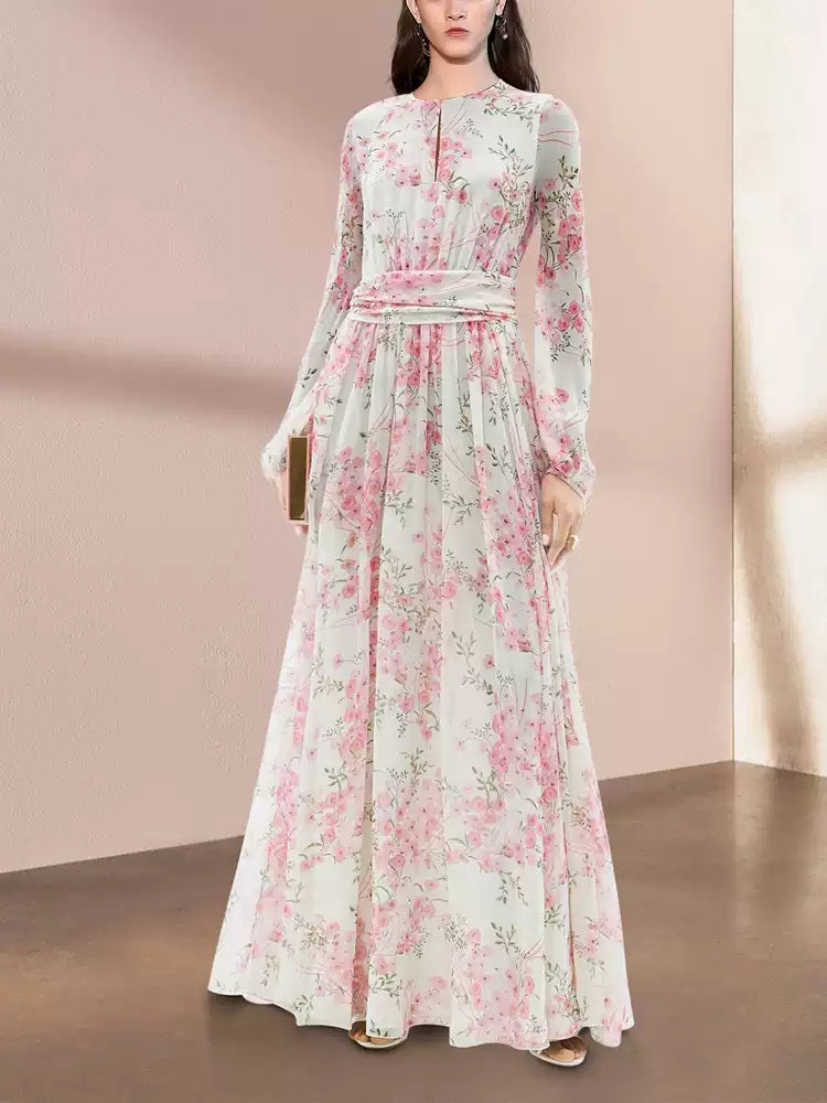PINK FLORAL CHIFFON MAXI DRESS WITH LONG SLEEVES