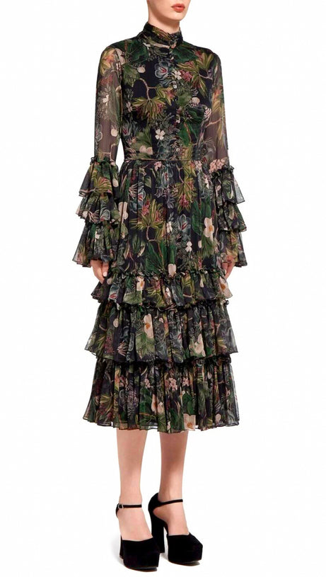 FLORAL PRINT TIERED MAXI DRESS WITH SHEER SLEEVES