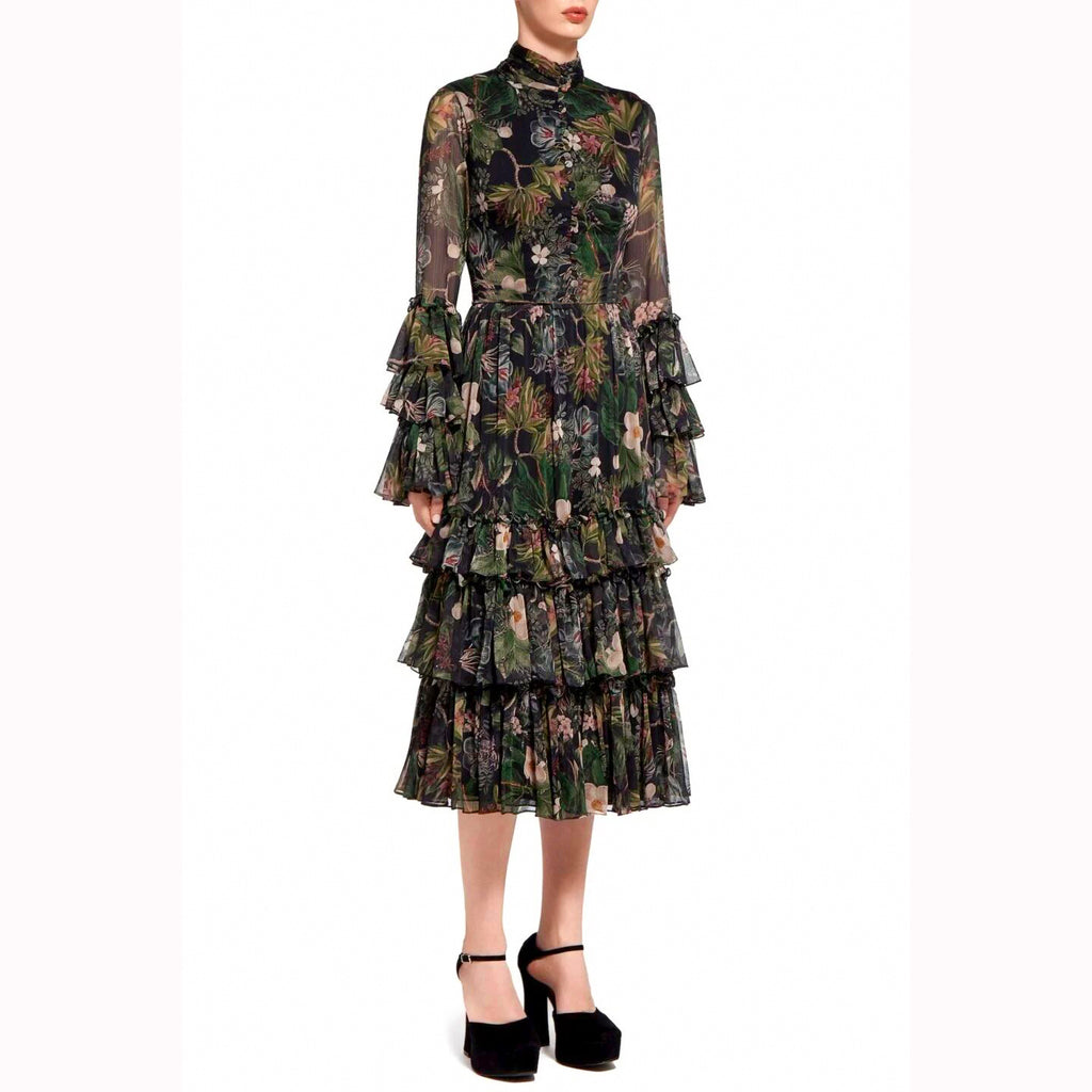 FLORAL PRINT TIERED MAXI DRESS WITH SHEER SLEEVES