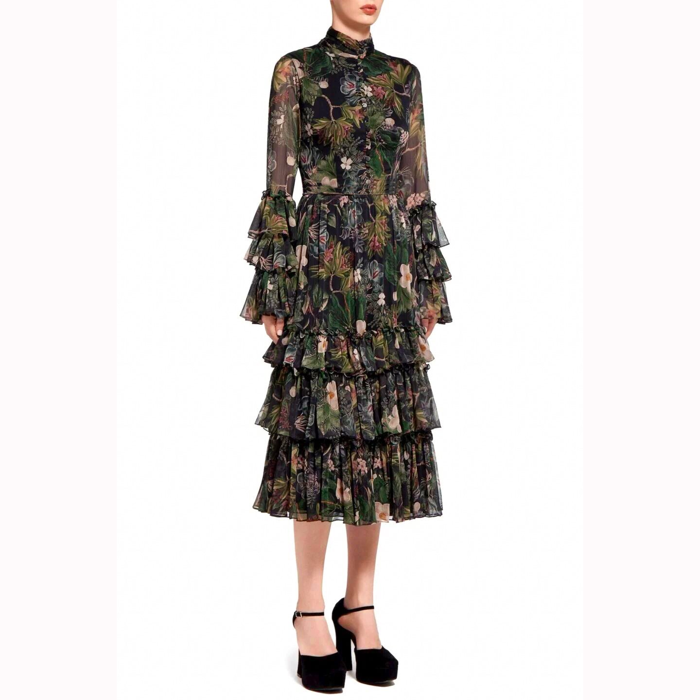 FLORAL PRINT TIERED MAXI DRESS WITH SHEER SLEEVES