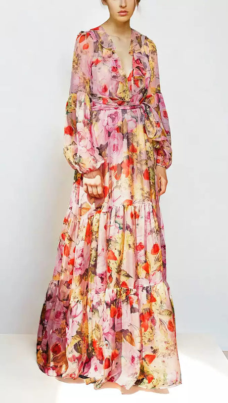 COLORFUL FLORAL LONG SLEEVE MAXI DRESS WITH BELT