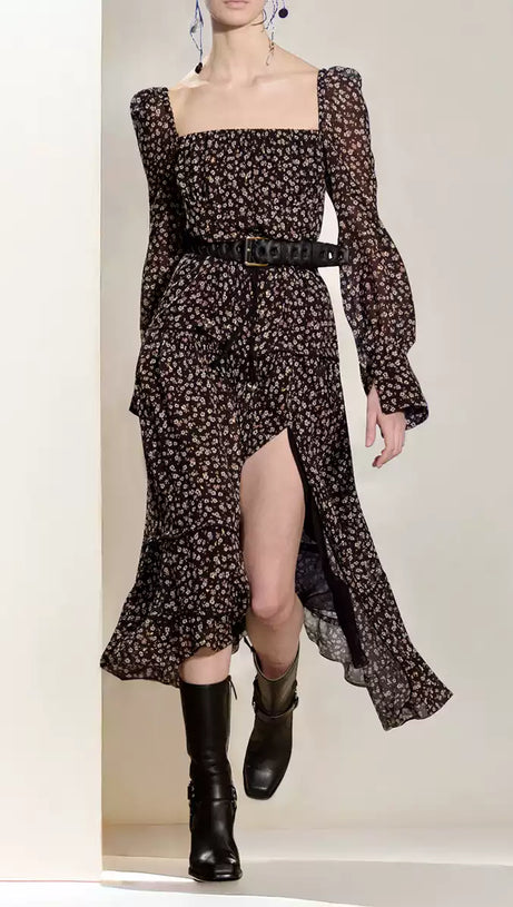 ABITO MIDI A BALZE CON MANICHE TRASPARENTI E FLOREALI NERI