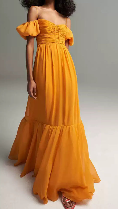 YELLOW OFF SHOULDER CHIFFON MAXI DRESS WITH PUFF SLEEVES