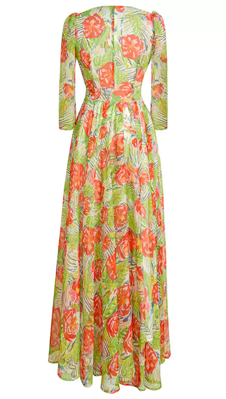 ELEGANT FLORAL GREEN MAXI DRESS WITH V - NECK AND BELT