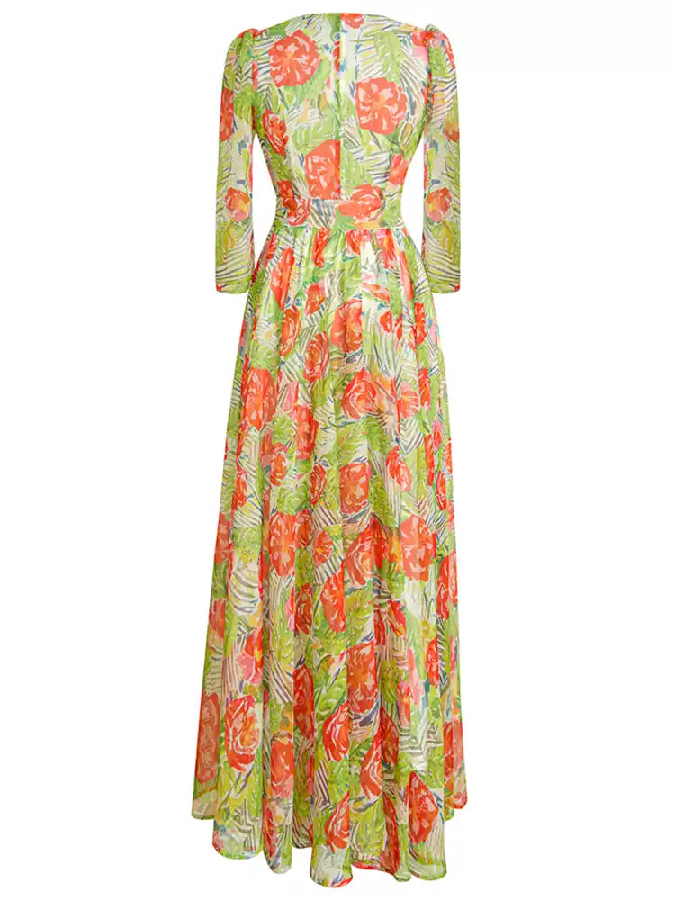 AIIZIE ELEGANT FLORAL GREEN MAXI DRESS WITH V - NECK AND BELT - product image