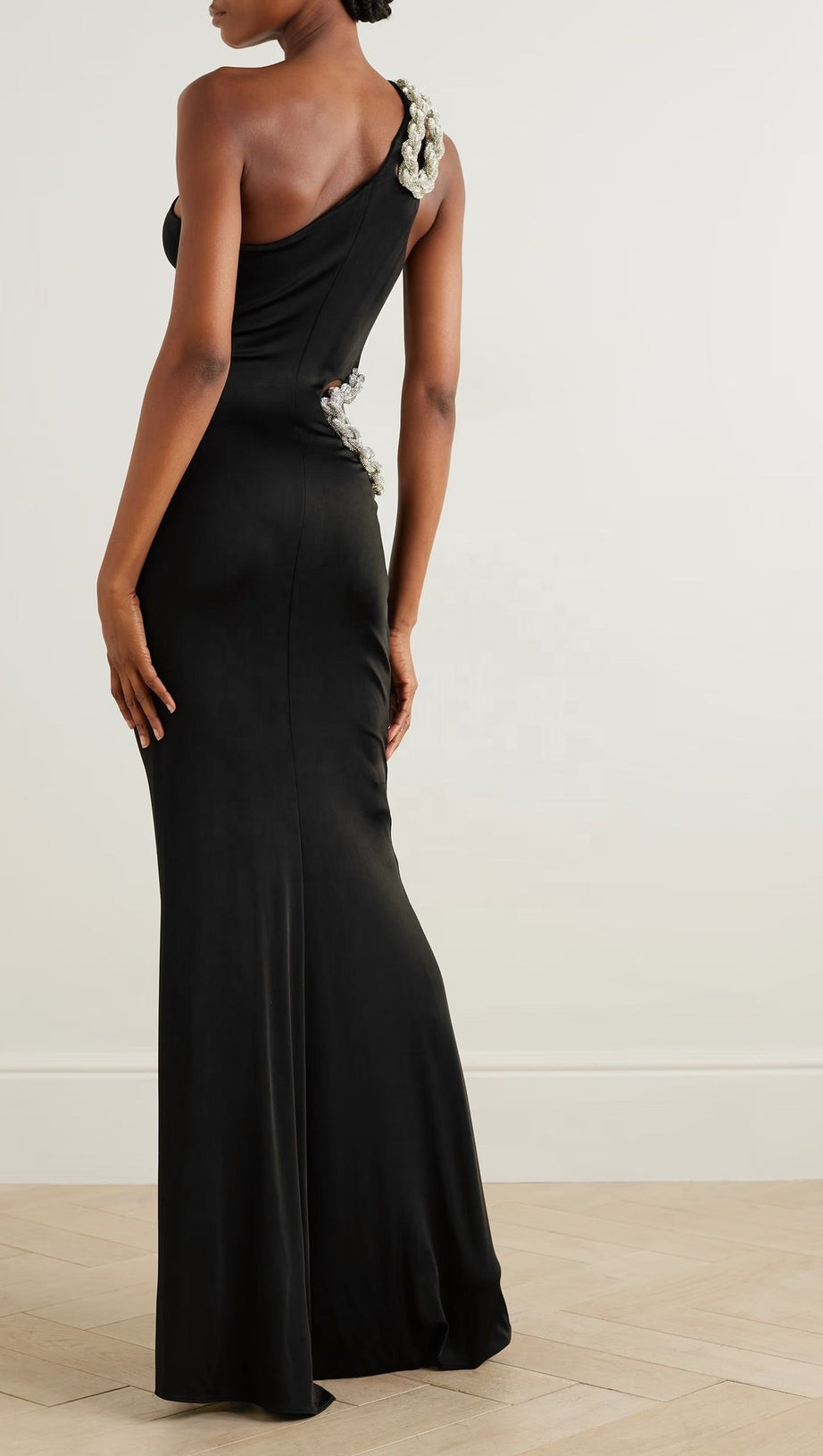 CRYSTAL BRAIDED ROPE CUT-OUT MAXI DRESS IN BLACK