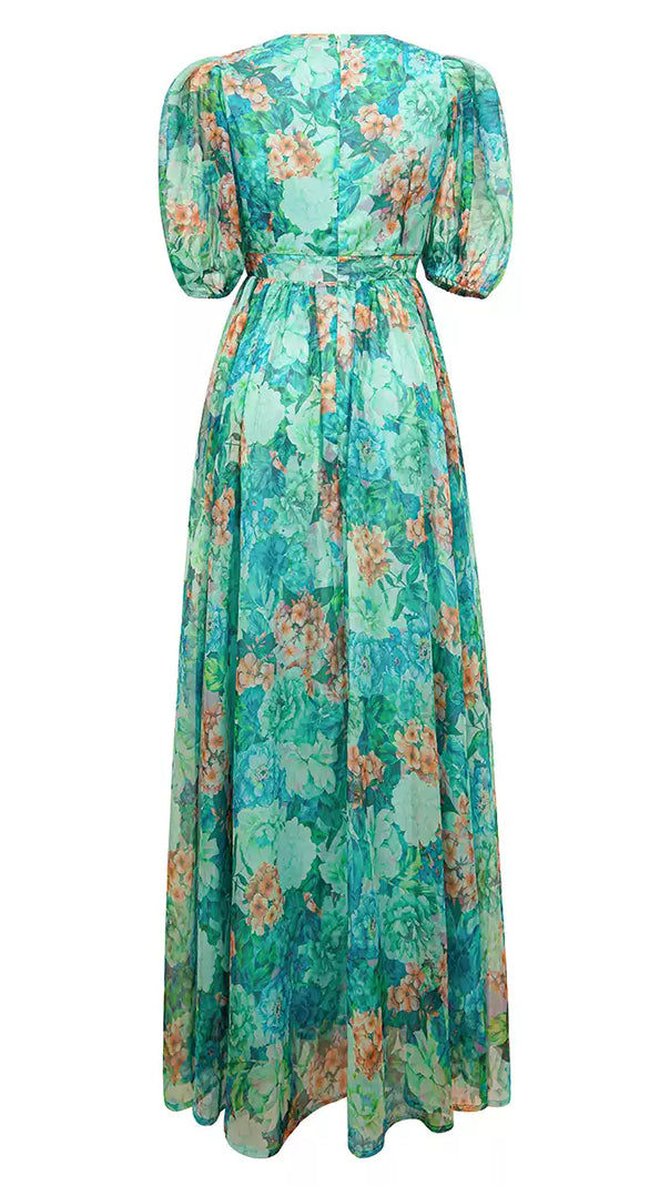 AIIZIE TEAL FLORAL MAXI DRESS WITH PUFF SLEEVES AND V - NECK - product image