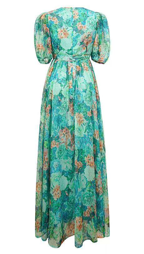TEAL FLORAL MAXI DRESS WITH PUFF SLEEVES AND V - NECK