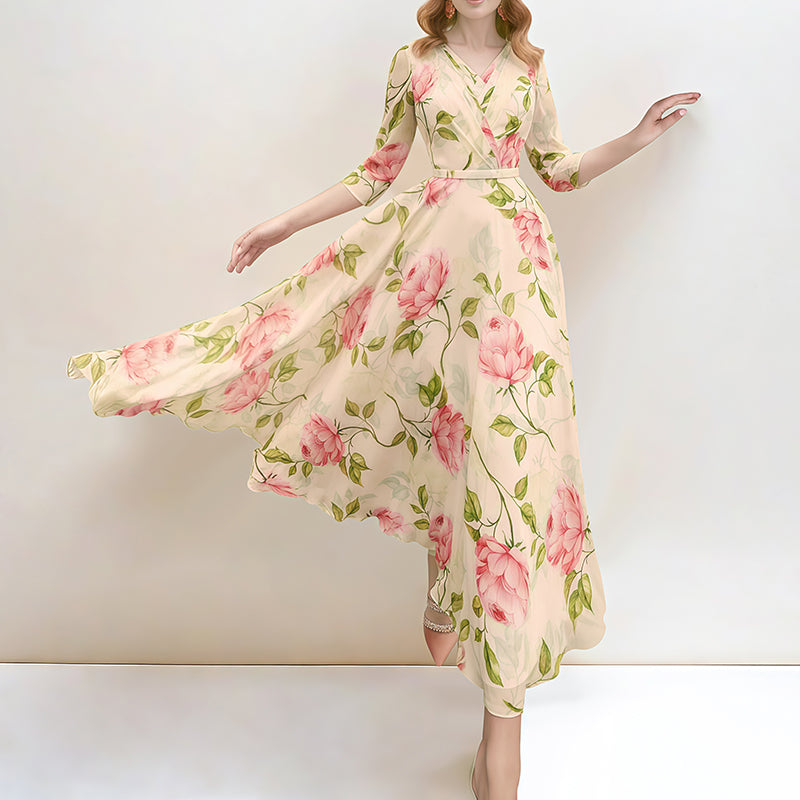 FLORAL PRINT WRAP V - NECK CHIFFON MAXI DRESS