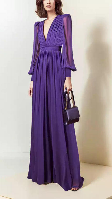 PURPLE CHIFFON LONG DRESS WITH SHEER SLEEVES AND WAIST PLEATS