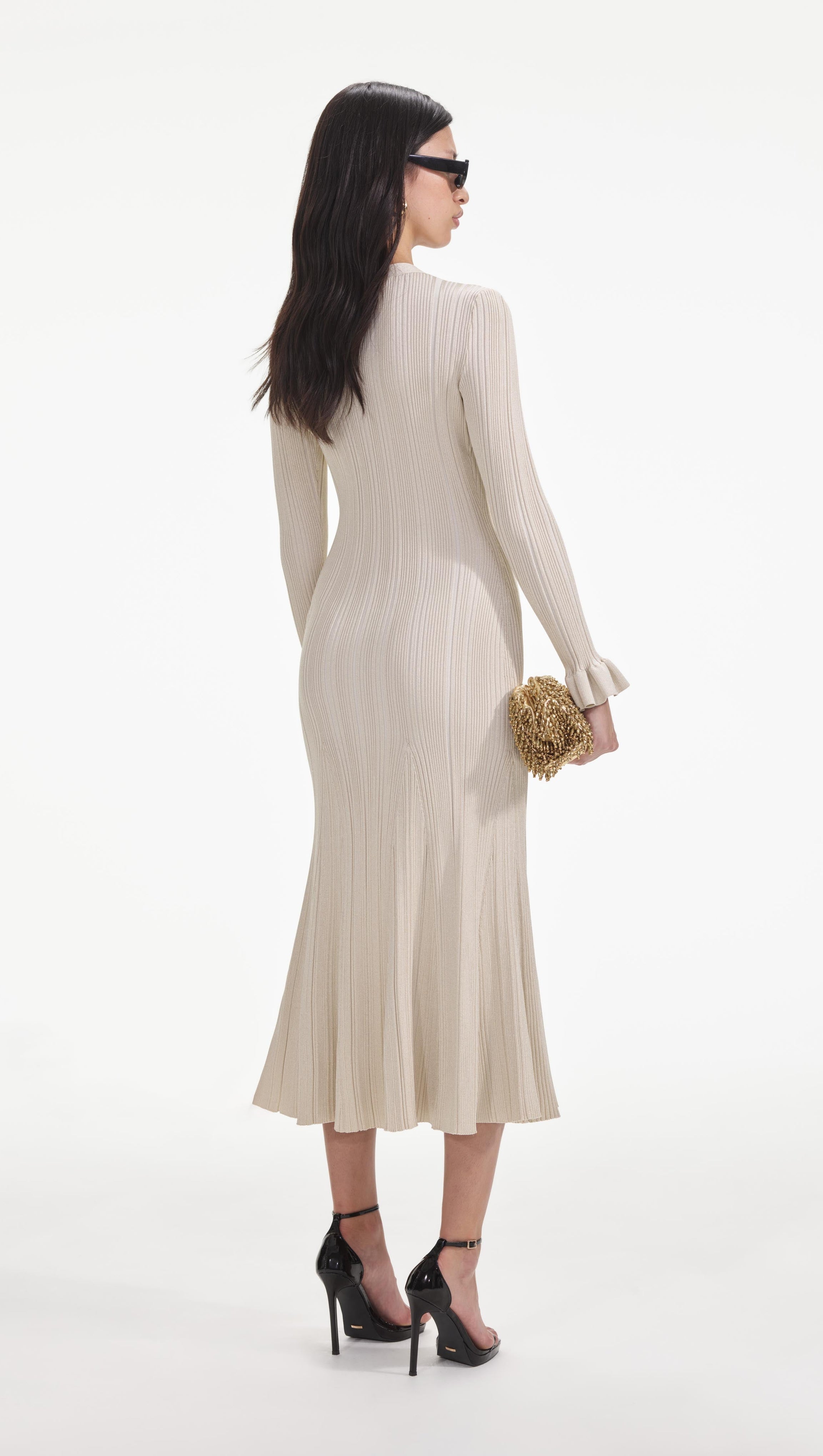 RIBBED VISCOSE LAMÉ MIDI DRESS IN BEIGE