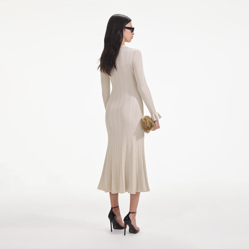 Ribbed viscose lamé midi dress in beige