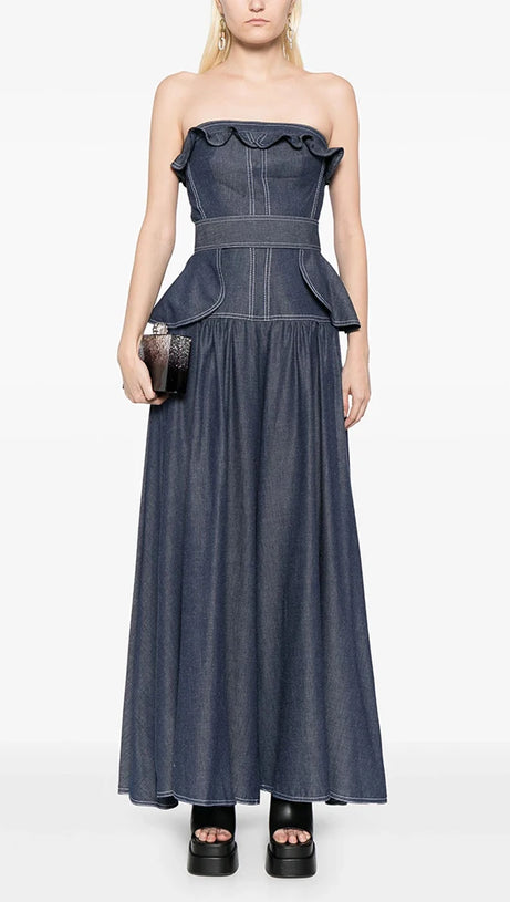 SIGRID DENIM-JUMPSUIT MIT SCHÖSSCHENTAILLE IN MARINEBLAU