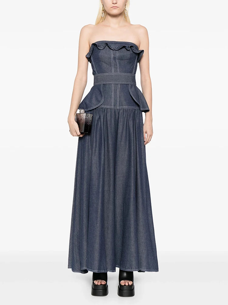 AIIZIE SIGRID PEPLUM-WAIST DENIM JUMPSUIT IN NAVY BLUE - product image