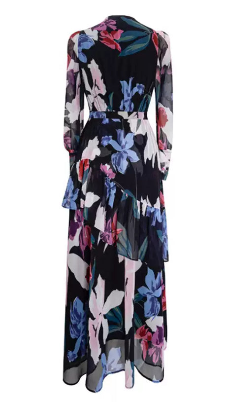 ELEGANT FLORAL CHIFFON MAXI DRESS WITH RUFFLED DETAILS