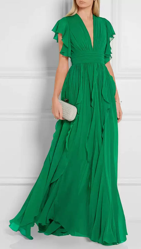 GREEN V - NECK RUFFLED MAXI DRESS