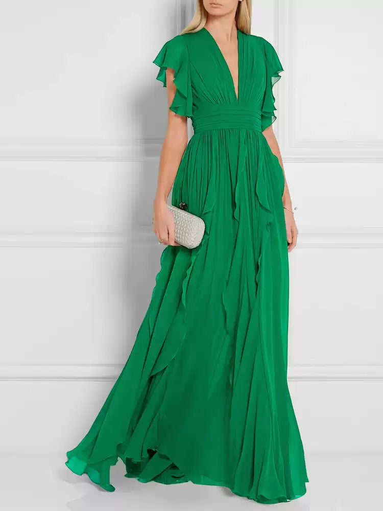 GREEN V - NECK RUFFLED MAXI DRESS